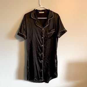 Luna black satin sleep pj lounge shirt dress